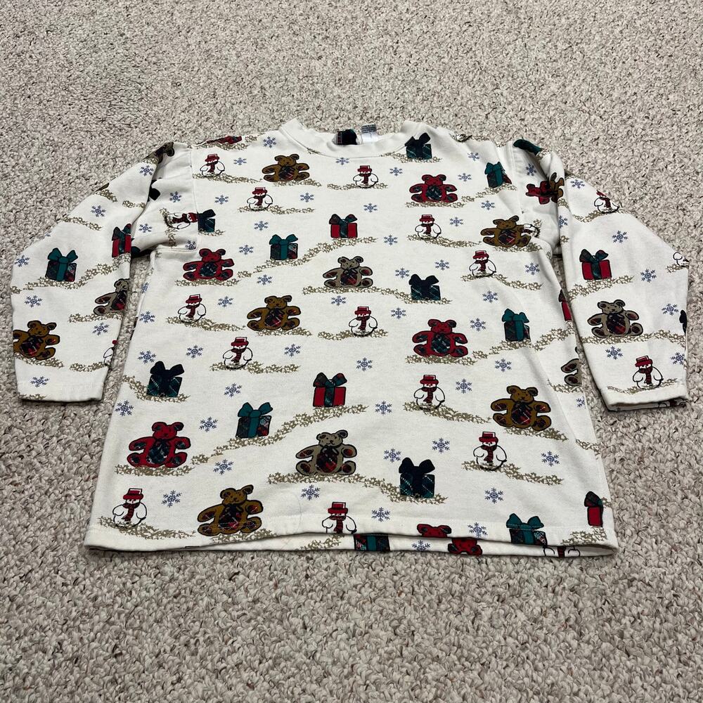 Vintage Christmas Novelty Sweatshirt Sz M Cream Holiday Winter Present Bear
